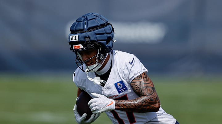 Jul 24, 2025; Englewood, CO, USA; Denver Broncos wide receiver Devaughn Vele (17) during Denver Broncos Training Camp. Mandatory Credit: Isaiah J. Downing-Imagn Images