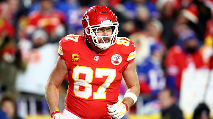 Jan 26, 2025; Kansas City, MO, USA; Kansas City Chiefs tight end Travis Kelce (87) reacts against the Buffalo Bills in the AFC Championship game at GEHA Field at Arrowhead Stadium.