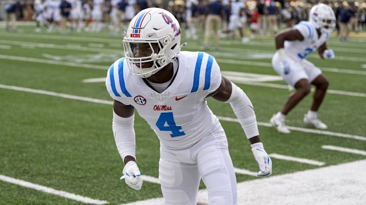 Sep 14, 2024; Winston-Salem, North Carolina, USA;  Mississippi Rebels linebacker Suntarine Perkins (4) during pregame activity against the Wake Forest Demon Deacons at Allegacy Federal Credit Union Stadium. Mandatory Credit: Jim Dedmon-Imagn Images