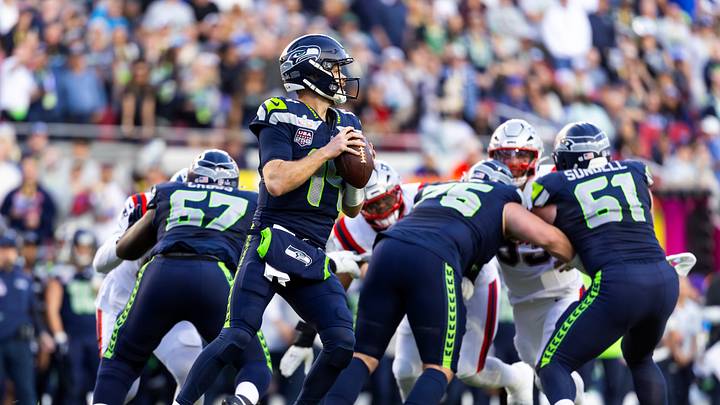 Seattle Seahawks quarterback Sam Darnold (14) against the New England Patriots during Super Bowl LX at Levi's Stadium.