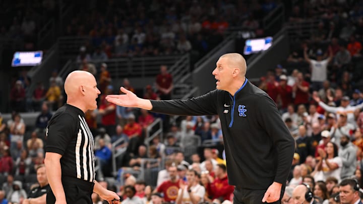 Mar 22, 2026; St. Louis, MO, USA; Kentucky Wildcats head coach Mark Pope speaks to the referee during the first half against the Iowa State Cyclones during a second round game of the men's 2026 NCAA Tournament at Enterprise Center. Mandatory Credit: Jeff Curry-Imagn Images