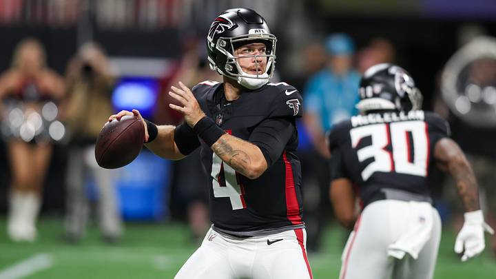 Aug 23, 2024; Atlanta, Georgia, USA; Atlanta Falcons quarterback Taylor Heinicke (4) throws a pass against the Jacksonville Jaguars in the second quarter at Mercedes-Benz Stadium. Mandatory Credit: Brett Davis-Imagn Images
