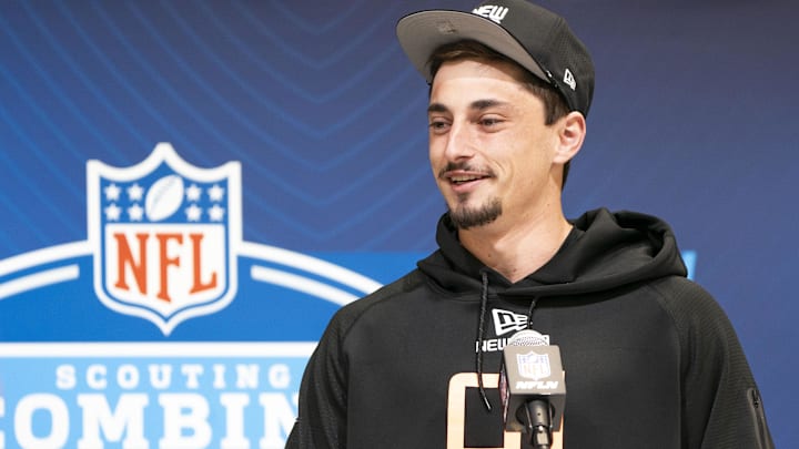 Minnesota quarterback Max Brosmer (QB01) speaks during a press conference during the 2025 NFL Combine at Indiana Convention Center. Mandatory Credit: Stephanie Amador Blondet-Imagn Images, Feb 28, 2025; Indianapolis, IN, USA; 