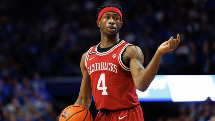 Mar 2, 2024; Lexington, Kentucky, USA; Arkansas Razorbacks guard Davonte Davis (4) motions to teammates during the first half against the Kentucky Wildcats at Rupp Arena at Central Bank Center. Mandatory Credit: Jordan Prather-USA TODAY Sports