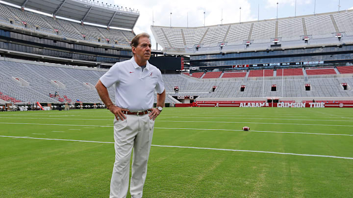 Coach Nick Saban stands on the turf inside Bryant-Denny Stadium during media day Saturday, August 3, 2019 in Bryant-Denny Stadium. [Staff Photo/Gary Cosby Jr.]