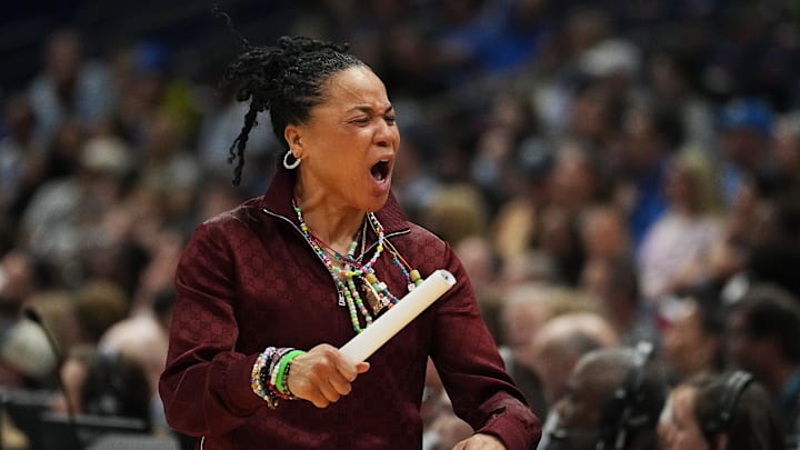South Carolina Gamecocks head coach Dawn Staley during the NCAA semi-final game against the Texas Longhorns at Amalie Arena in Tampa, Florida, Friday April 4, 2025. South Carolina Gamecocks head coach Dawn Staley during the NCAA semi-final game against the Texas Longhorns at Amalie Arena in Tampa, Florida, Friday April 4, 2025.