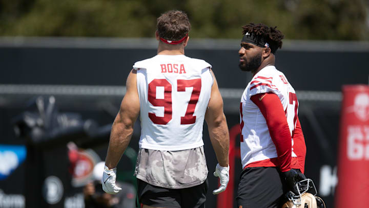 Jun 10, 2025; Santa Clara, CA, USA; San Francisco 49ers defensive end Nick Bosa (97) chats up new teammate Bryce Huff (47) during an OTA at Levi's Stadium. Mandatory Credit: D. Ross Cameron-Imagn Images