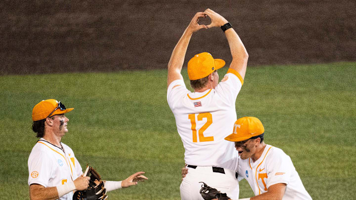 Tennessee's Liam Doyle (12), Dean Curley (1), and Gavin Kilen (6) celebrate their win over Wake Forest' at the NCAA college baseball Knoxville Regional final on June 2, 2025, in Knoxville, Tenn. Tennessee's Liam Doyle (12), Dean Curley (1), and Gavin Kilen (6) celebrate their win over Wake Forest' at the NCAA college baseball Knoxville Regional final on June 2, 2025, in Knoxville, Tenn.