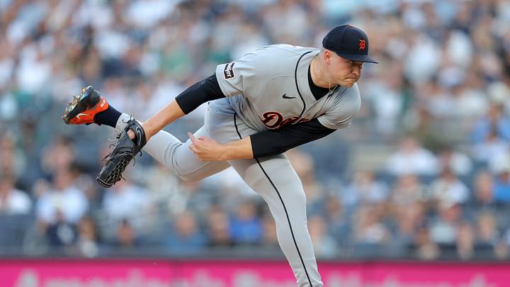 Jun 30, 2026; Bronx, New York, USA; Detroit Tigers starting pitcher Tarik Skubal (29) follows through on a pitch against the New York Yankees during the first inning at Yankee Stadium. Mandatory Credit: Brad Penner-Imagn Images