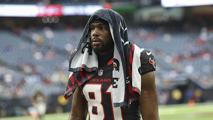 Aug 17, 2024; Houston, Texas, USA; Houston Texans wide receiver Quintez Cephus (81) before the game against the New York Giants at NRG Stadium. Mandatory Credit: Troy Taormina-Imagn Images