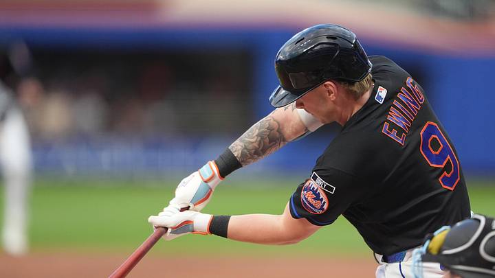 May 29, 2026; New York City, New York, USA; New York Mets center fielder A.J. Ewing (9) hits an RBI single against the Miami Marlins during the first inning at Citi Field. Mandatory Credit: Gregory Fisher-Imagn Images May 29, 2026; New York City, New York, USA; New York Mets center fielder A.J. Ewing (9) hits an RBI single against the Miami Marlins during the first inning at Citi Field. Mandatory Credit: Gregory Fisher-Imagn Images