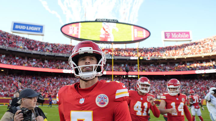 Nov 23, 2025; Kansas City, Missouri, USA; Kansas City Chiefs place kicker Harrison Butker (7) leaves the field after the game against the Indianapolis Colts at GEHA Field at Arrowhead Stadium. Mandatory Credit: Jay Biggerstaff-Imagn Images