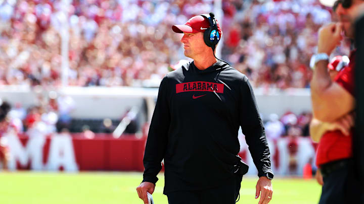 Sep 13, 2025; Tuscaloosa, Alabama, USA; Alabama Crimson Tide head coach Kalen DeBoer surveys the field during the second half against the Wisconsin Badgers at Saban Field at Bryant-Denny Stadium. Sep 13, 2025; Tuscaloosa, Alabama, USA; Alabama Crimson Tide head coach Kalen DeBoer surveys the field during the second half against the Wisconsin Badgers at Saban Field at Bryant-Denny Stadium.