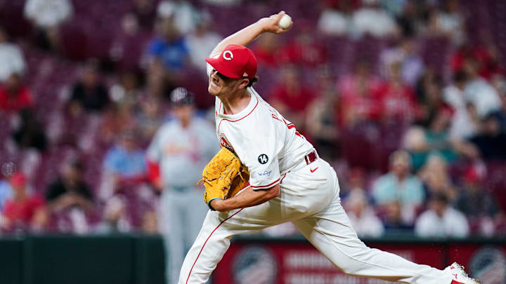 Cincinnati Reds pitcher Emilio Pagán (15) in the ninth inning of a MLB game between the Cincinnati Reds and St. Louis Cardinals, Monday, April 28, 2025, at Great American Ball Park in Downtown Cincinnati. Reds won 3-1.