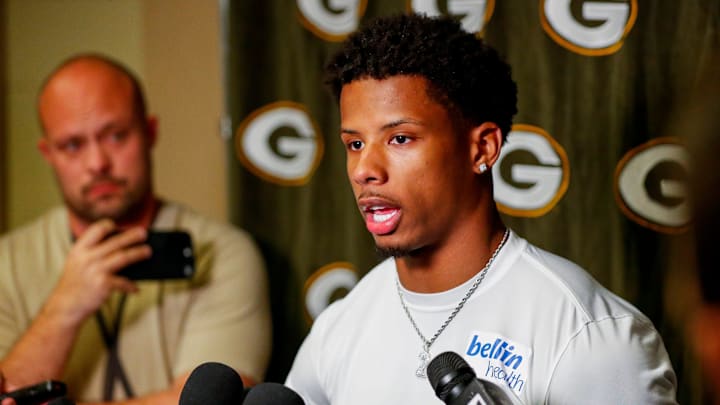 Green Bay Packers wide receiver Matthew Golden is interviewed by the media during rookie minicamp on Friday, May 2, 2025, at Lambeau Field in Green Bay, Wisconsin. The Packers selected Golden with their first round pick in the 2025 NFL Draft.
Tork Mason/USA TODAY NETWORK-Wisconsin