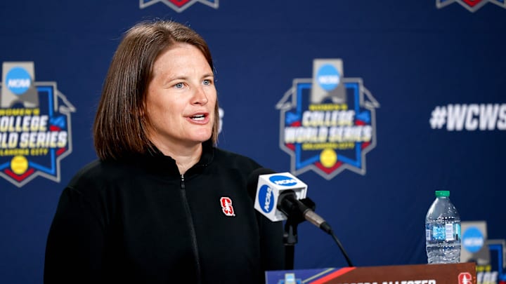Stanford head coach Jessica Allister speaks the the press during the practice and media day for the Women's College World Series at Devon Park in Oklahoma City, on Wednesday, May 29, 2024.
