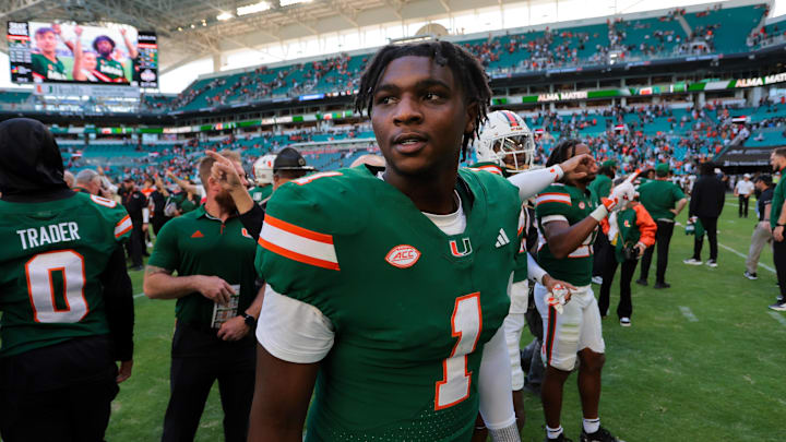 Nov 23, 2024; Miami Gardens, Florida, USA; Miami Hurricanes quarterback Cam Ward (1) looks on from the field after the game against the Wake Forest Demon Deacons at Hard Rock Stadium. Mandatory Credit: Sam Navarro-Imagn Images