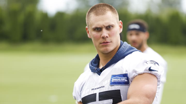 Jun 7, 2022; Renton, Washington, USA; Seattle Seahawks linebacker Cody Barton (57) returns to the locker room following minicamp practice at the Virginia Mason Athletic Center. Mandatory Credit: Joe Nicholson-Imagn Images