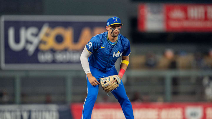 Sep 27, 2024; Minneapolis, Minnesota, USA; Minnesota Twins third baseman Royce Lewis (23) watches the pitch in the third inning agains the Baltimore Orioles at Target Field. Mandatory Credit: Matt Blewett-Imagn Images