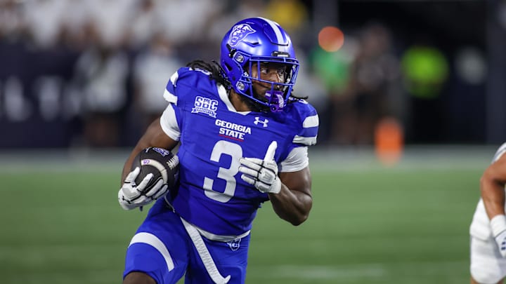 Aug 31, 2024; Atlanta, Georgia, USA; Georgia State Panthers running back Sy'veon Wilkerson (3) runs the ball against Georgia Tech Yellow Jackets in the first quarter at Bobby Dodd Stadium at Hyundai Field. Mandatory Credit: Brett Davis-Imagn Images