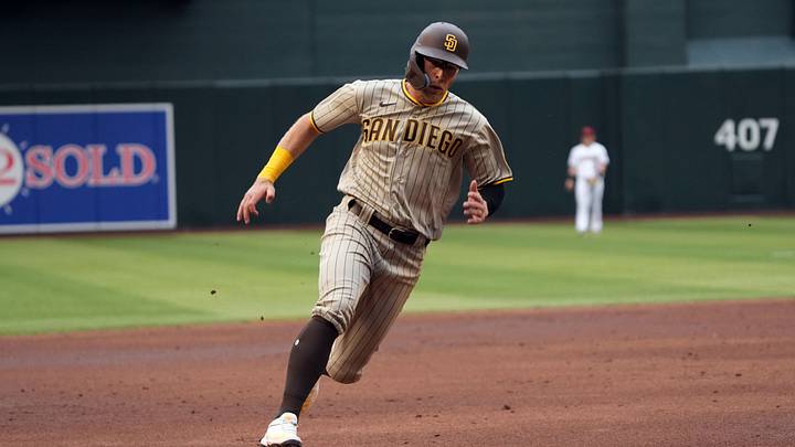 Apr 9, 2022; Phoenix, Arizona, USA; San Diego Padres left fielder Matt Beaty (27) rounds third during and scores a run against the Arizona Diamondbacks the third inning at Chase Field. Mandatory Credit: Joe Camporeale-USA TODAY Sports Apr 9, 2022; Phoenix, Arizona, USA; San Diego Padres left fielder Matt Beaty (27) rounds third during and scores a run against the Arizona Diamondbacks the third inning at Chase Field. Mandatory Credit: Joe Camporeale-USA TODAY Sports