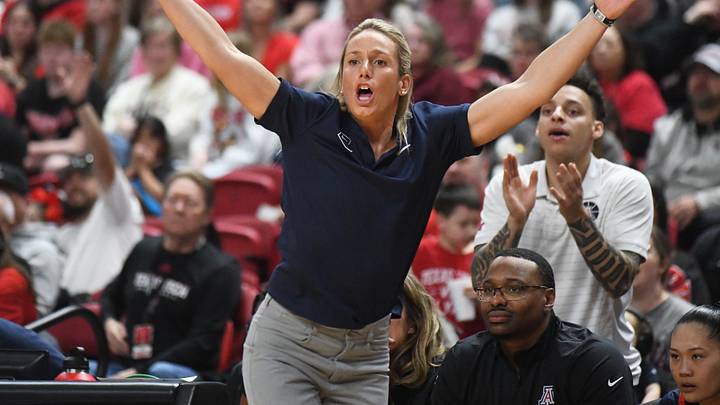 Arizona women's basketball coach Becky Burke reacts to a play in a Big 12 game against Texas Tech on Saturday, Jan. 3, 2026, at United Supermarkets Arena.