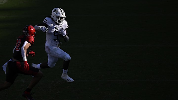 Aug 26, 2023; San Diego, California, USA; Ohio Bobcats running back Sieh Bangura (5) runs the ball
