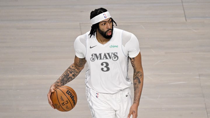 Feb 8, 2025; Dallas, Texas, USA; Dallas Mavericks forward Anthony Davis (3) brings the ball up court against the Houston Rockets during the first quarter at American Airlines Center. Mandatory Credit: Jerome Miron-Imagn Images