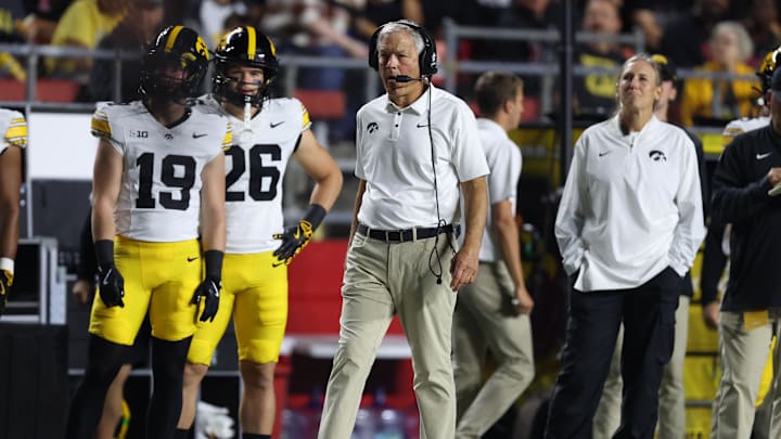 Sep 19, 2025; Piscataway, New Jersey, USA; Iowa Hawkeyes head coach Kirk Ferentz looks on during the first half against the Rutgers Scarlet Knights at SHI Stadium. Mandatory Credit: Vincent Carchietta-Imagn Images