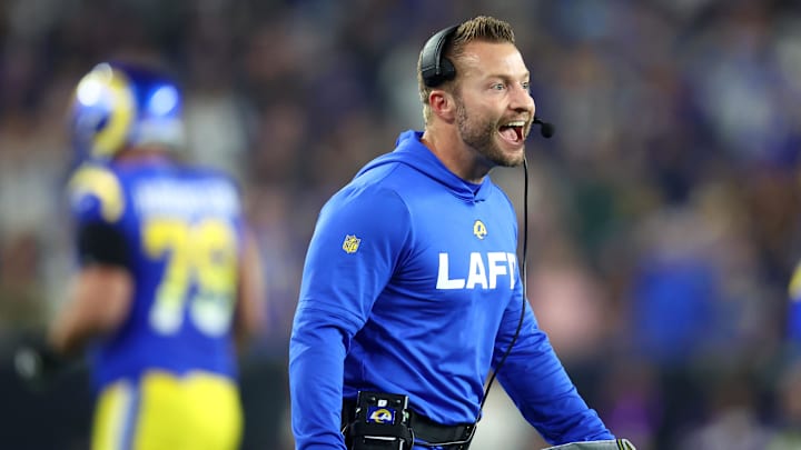 Jan 13, 2025; Glendale, AZ, USA; Los Angeles Rams head coach Sean McVay reacts against the Minnesota Vikings during the first half in an NFC wild card game at State Farm Stadium. Mandatory Credit: Mark J. Rebilas-Imagn Images