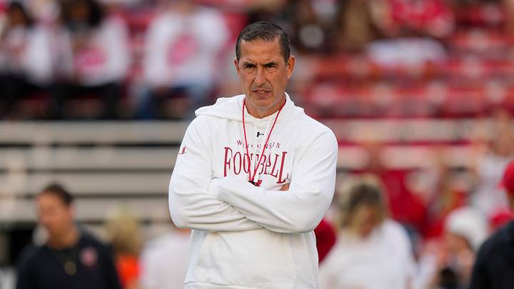 Sep 12, 2026; Madison, Wisconsin, USA;  Wisconsin Badgers head coach Luke Fickell looks on during warmups prior to the game against the Western Illinois Leathernecks at Camp Randall Stadium. Mandatory Credit: Jeff Hanisch-Imagn Images