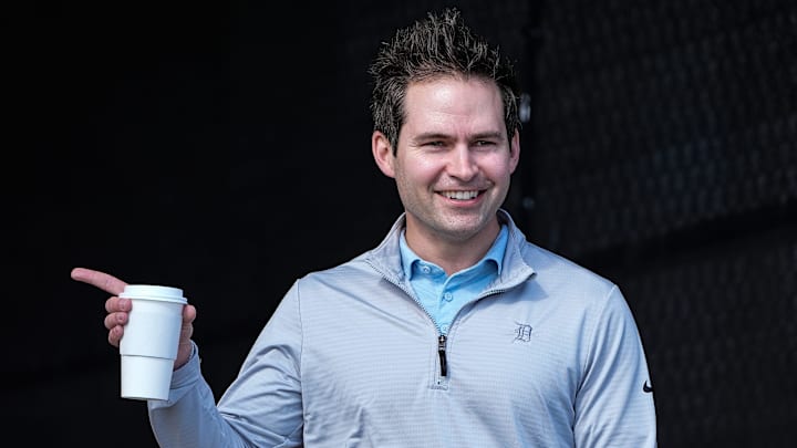 Detroit Tigers president of baseball operation Scott Harris watches practice during spring training at TigerTown in Lakeland, Fla. on Saturday, Feb. 15, 2025.