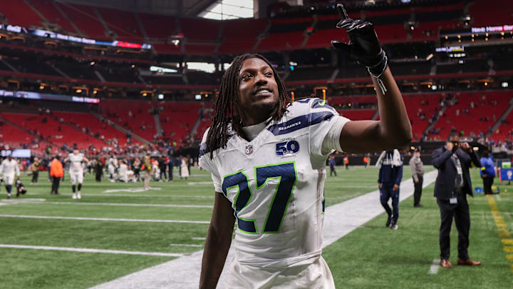 Seattle Seahawks cornerback Riq Woolen celebrates after a victory over the Atlanta Falcons.