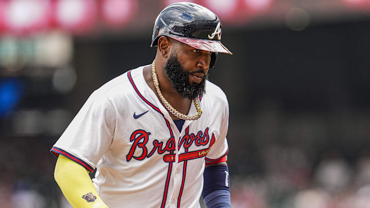 Sep 24, 2025; Cumberland, Georgia, USA; Atlanta Braves designated hitter Marcell Ozuna (20) reacts after hitting a home run against the Washington Nationals during the eighth inning at Truist Park. Mandatory Credit: Dale Zanine-Imagn Images