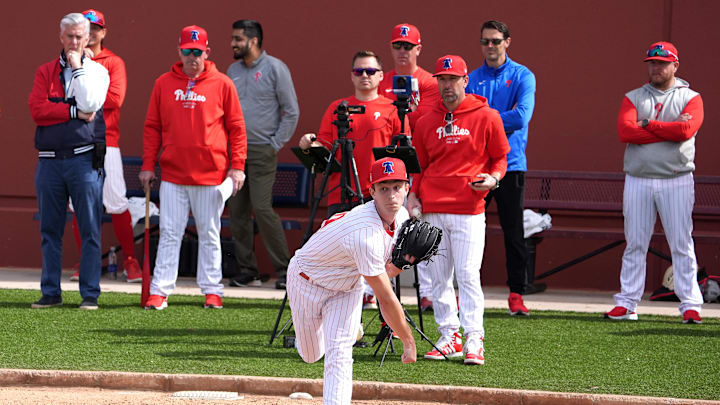 Feb 14, 2024; Clearwater, FL, USA; Philadelphia Phillies Pitcher Mick Abel throws a pitch during the first day of Phillies Spring Training at Baycare Ballpark in Clearwater, Florida. 