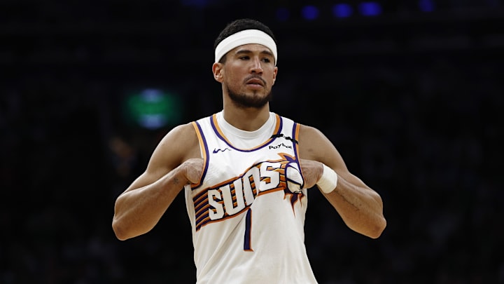 Apr 4, 2025; Boston, Massachusetts, USA; Phoenix Suns guard Devin Booker (1) during the second quarter against the Boston Celtics at TD Garden. Mandatory Credit: Winslow Townson-Imagn Images