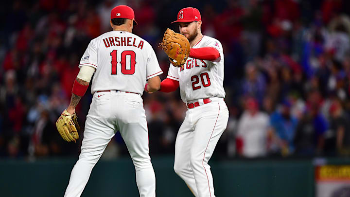 Jun 6, 2023; Anaheim, California, USA; Los Angeles Angels third baseman Gio Urshela (10) and first