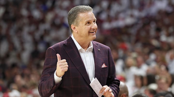 Jan 31, 2026; Fayetteville, Arkansas, USA; Arkansas Razorbacks head coach John Calipari during the first half against the Kentucky Wildcats at Bud Walton Arena. Mandatory Credit: Nelson Chenault-Imagn Images