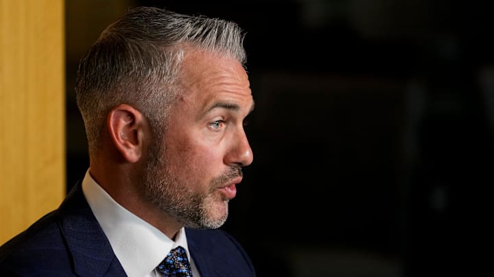 Cincinnati Bengals offensive coordinator Dan Pitcher takes questions during the annual Cincinnati Bengals media day event at Paycor Stadium in downtown Cincinnati on Monday, July 21, 2025.