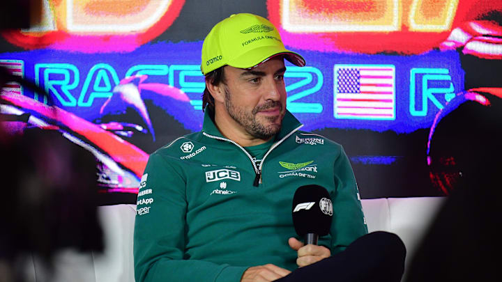 Nov 15, 2023; Las Vegas, Nevada, USA; Aston Martin driver Fernando Alonso of Spain during media availabilities at Las Vegas Strip Circuit. Mandatory Credit: Gary A. Vasquez-USA TODAY Sports