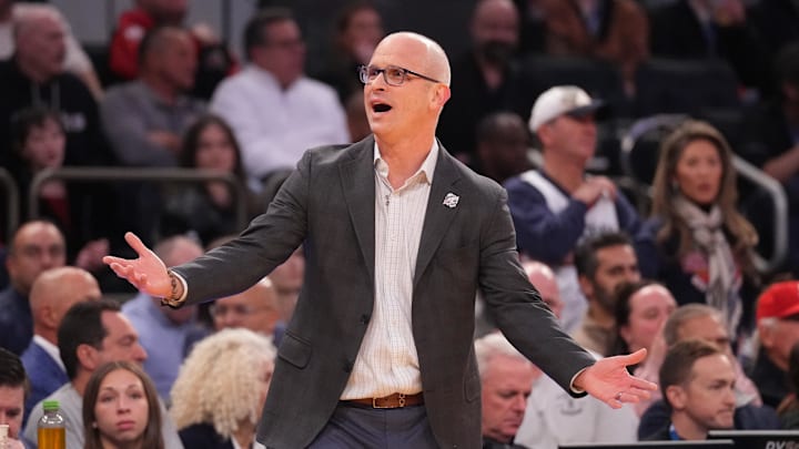 Mar 14, 2026; New York, NY, USA; Connecticut Huskies head coach Dan Hurley questions a call against the St. John's Red Storm during the first half of the men's Big East Conference Tournament Championship at Madison Square Garden. Mandatory Credit: Robert Deutsch-Imagn Images Mar 14, 2026; New York, NY, USA; Connecticut Huskies head coach Dan Hurley questions a call against the St. John's Red Storm during the first half of the men's Big East Conference Tournament Championship at Madison Square Garden. Mandatory Credit: Robert Deutsch-Imagn Images