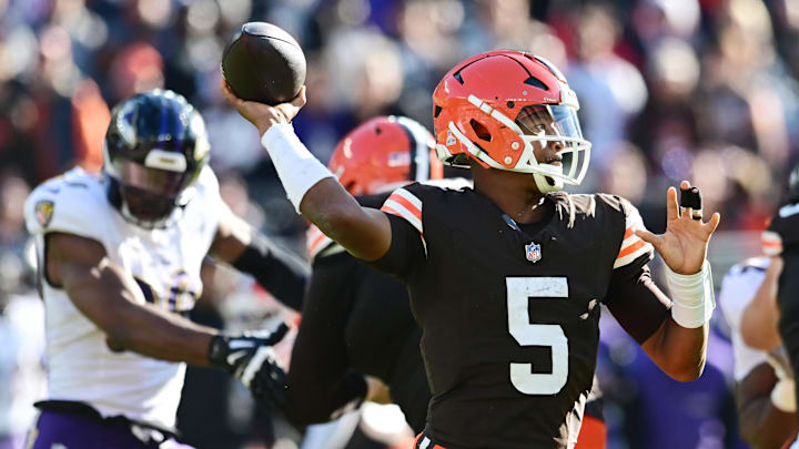 Oct 27, 2024; Cleveland, Ohio, USA; Cleveland Browns quarterback Jameis Winston (5) throws a pass during the second half against the Baltimore Ravens at Huntington Bank Field. Mandatory Credit: Ken Blaze-Imagn Images