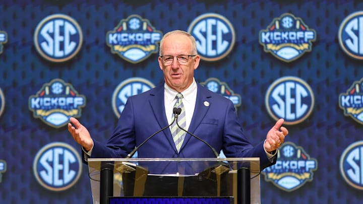 Jul 16, 2025; Atlanta, GA, USA; SEC commissioner Greg Sankey speaks to the media during the SEC Media Day at Omni Atlanta Hotel. Mandatory Credit: Jordan Godfree-Imagn Images