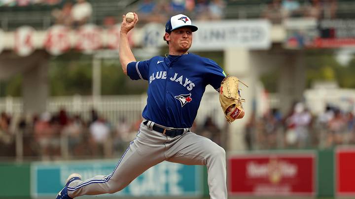 Mar 3, 2024; Fort Myers, Florida, USA;  Toronto Blue Jays picture Hayden Juenger (76) pitches during the fifth inning against the Boston Red Sox at JetBlue Park at Fenway South. Mandatory Credit: Kim Klement Neitzel-Imagn Images