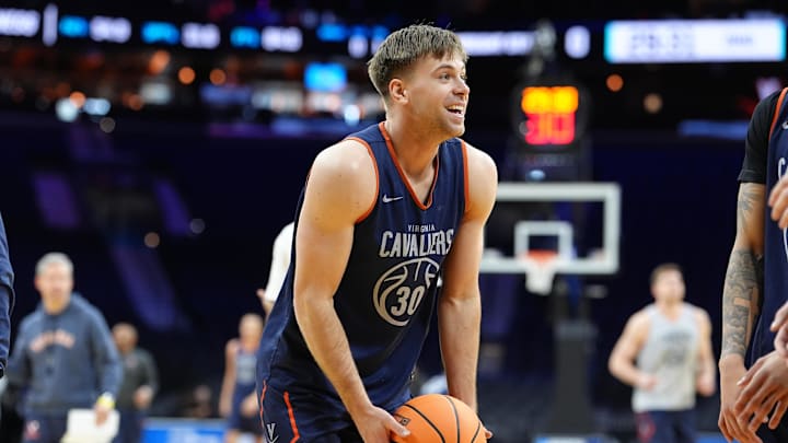 Mar 19, 2026; Philadelphia, PA, USA; Virginia Cavaliers guard Dallin Hall (30) reacts during a practice session ahead of the first round of the men's 2026 NCAA Tournament at Xfinity Mobile Arena. Mandatory Credit: Kyle Ross-Imagn Images