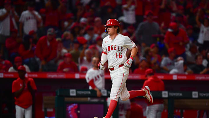 Sep 13, 2024; Anaheim, California, USA; Los Angeles Angels center fielder Mickey Moniak (16) runs the bases after hitting a solo home run against the Houston Astros during the fourth inning at Angel Stadium. Mandatory Credit: Gary A. Vasquez-Imagn Images