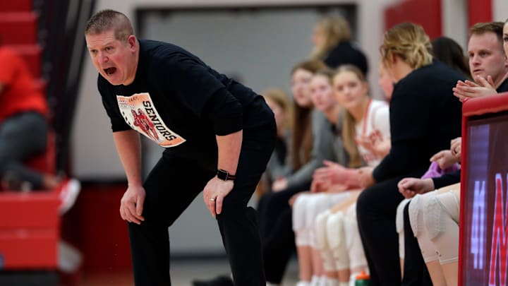 Neenah High School's head coach Andrew Braunel leads his team against Kimberly High School during their girls basketball game Thursday, February 19, 2026, at Neenah High School in Fox Crossing, Wisconsin. Kimberly won 64-50.