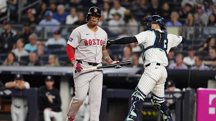 Sep 12, 2024; Bronx, New York, USA; Boston Red Sox third baseman Rafael Devers (11) after an at bat against the New York Yankees during the first inning at Yankee Stadium. Mandatory Credit: Gregory Fisher-Imagn Images Sep 12, 2024; Bronx, New York, USA; Boston Red Sox third baseman Rafael Devers (11) after an at bat against the New York Yankees during the first inning at Yankee Stadium. Mandatory Credit: Gregory Fisher-Imagn Images