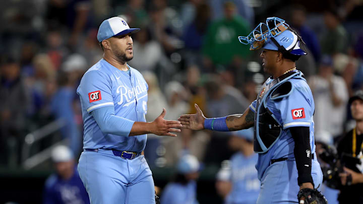 Sep 27, 2025; West Sacramento, California, USA; Kansas City Royals pitcher Carlos Estevez (53) and catcher Salvador Perez (13) celebrate their win against the Athletics at Sutter Health Park. Mandatory Credit: Dennis Lee-Imagn Images