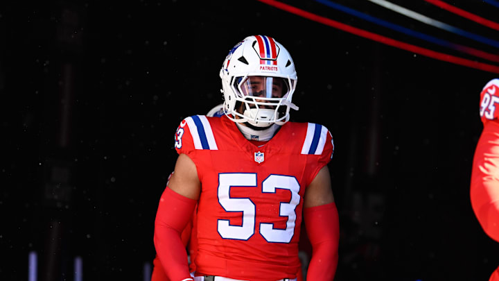 Dec 1, 2024; Foxborough, Massachusetts, USA; New England Patriots linebacker Christian Elliss (53) walks out of the player's tunnel before a game against the Indianapolis Colts at Gillette Stadium. Mandatory Credit: Eric Canha-Imagn Images